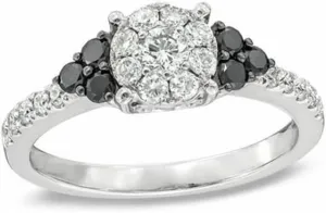 0.25 CT Round Cut Created Black and White Diamond Floral Wedding Engagement Ring In 14K White Gold Plated 925 Sterling Silver Gift for Womens