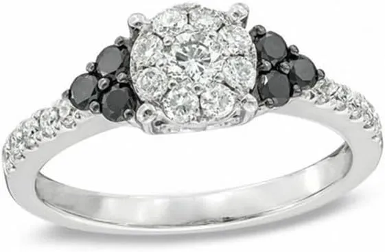 0.25 CT Round Cut Created Black and White Diamond Floral Wedding Engagement Ring In 14K White Gold Plated 925 Sterling Silver Gift for Womens