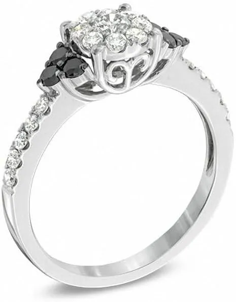 0.25 CT Round Cut Created Black and White Diamond Floral Wedding Engagement Ring In 14K White Gold Plated 925 Sterling Silver Gift for Womens