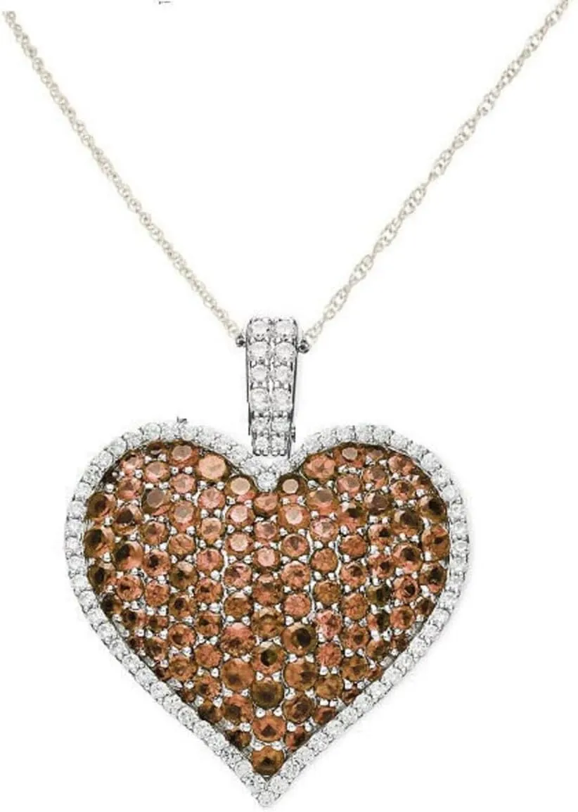 0.50 CT Round Cut Brown and White Diamond Heart Wedding Engagement Pendant Necklace with 18" Rope Chain In 14K White Gold Plated 925 Sterling Silver Gift for Womens
