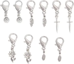 10 Pcs Tibetan Style Clip on Charm, Leaves Circle Flower Sword Purse Charm with Lobster Claw Clasps Alloy Shoe Charm Zipper Pull for Boot Keychain Bag Decor Jewelry Making