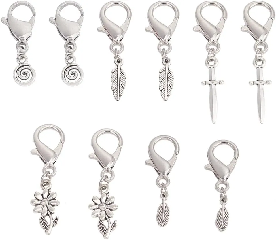 10 Pcs Tibetan Style Clip on Charm, Leaves Circle Flower Sword Purse Charm with Lobster Claw Clasps Alloy Shoe Charm Zipper Pull for Boot Keychain Bag Decor Jewelry Making