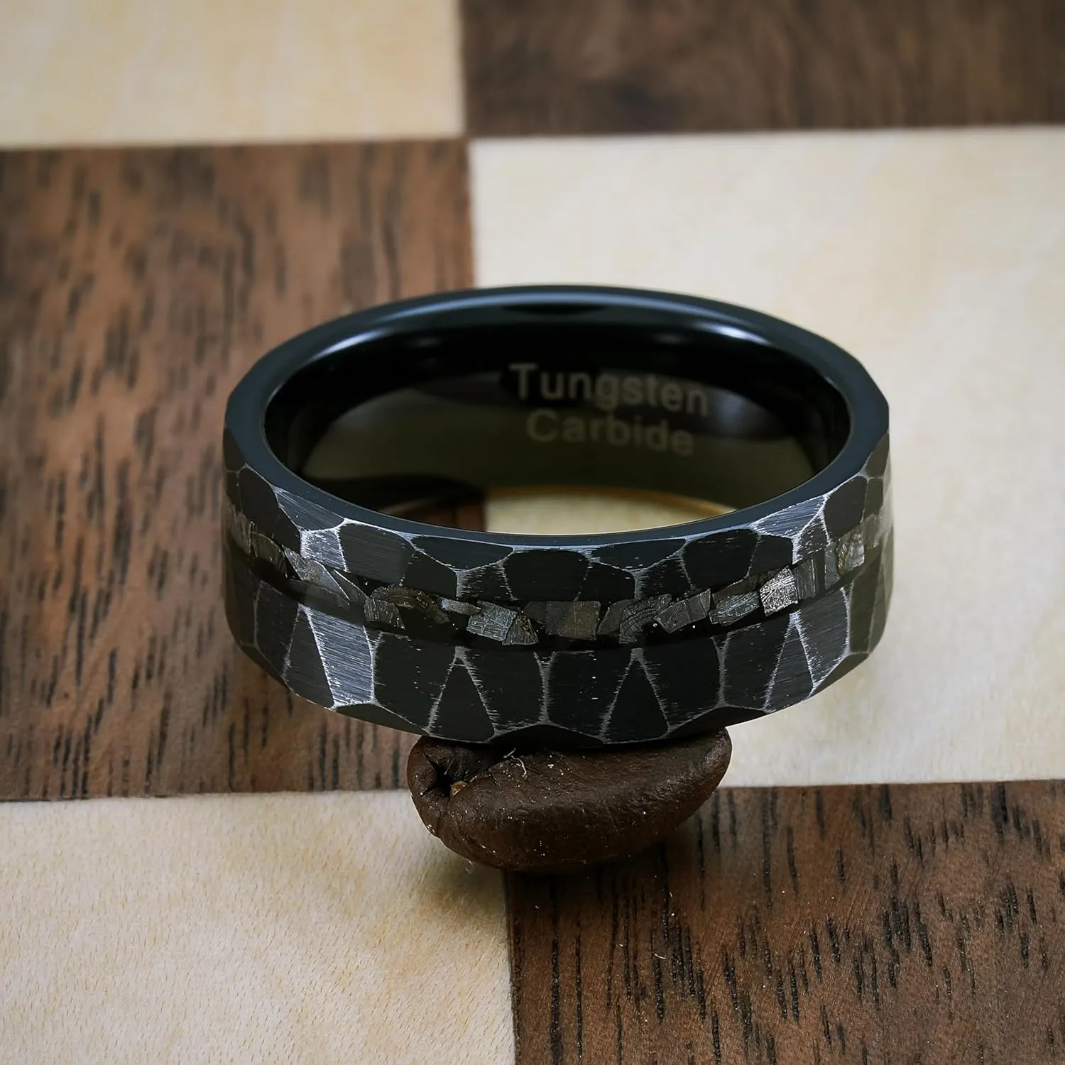 100S JEWELRY Men's Rustic Black Tungsten Ring with Meteorite Inlay Hammered Finish Wedding Band for Both Men Women Sizes 6-16