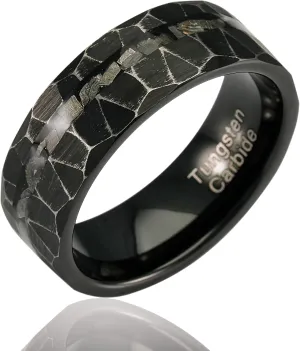 100S JEWELRY Men's Rustic Black Tungsten Ring with Meteorite Inlay Hammered Finish Wedding Band for Both Men Women Sizes 6-16