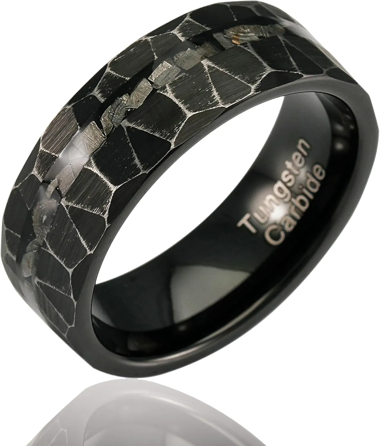 100S JEWELRY Men's Rustic Black Tungsten Ring with Meteorite Inlay Hammered Finish Wedding Band for Both Men Women Sizes 6-16