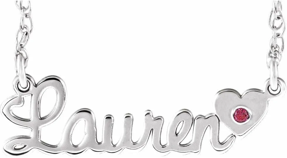 10k White Gold 1.5mm Round Shape Birthstone Script Nameplate Personalized Necklace Fine Jewelry for Women Gifts for Her (26x8mm), 18"