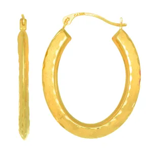 10k Yellow Gold Diamond Cut Satin Finish Oval Hoop Earrings, Diameter 23mm