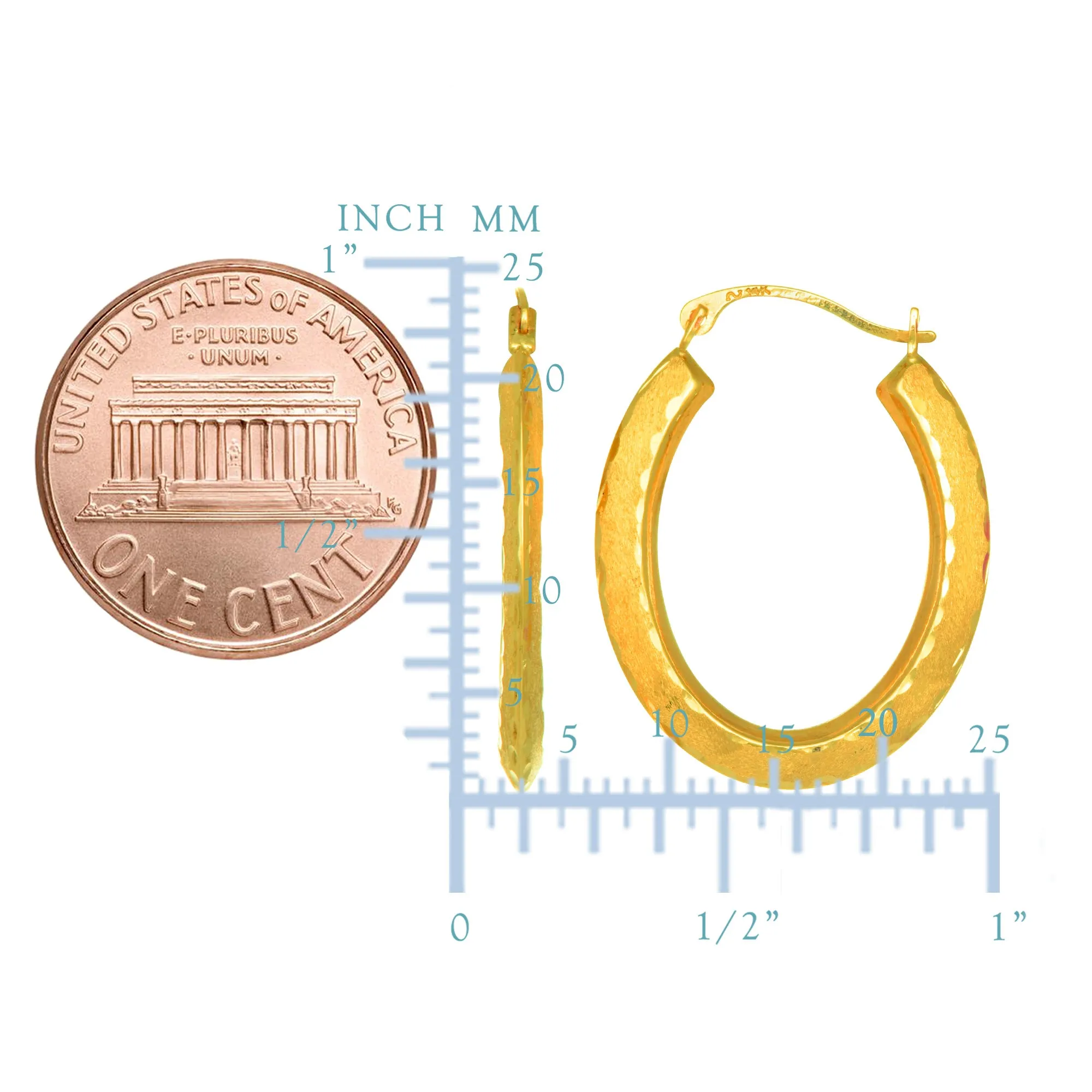 10k Yellow Gold Diamond Cut Satin Finish Oval Hoop Earrings, Diameter 23mm