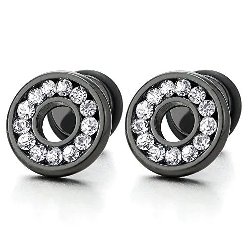 10MM Mens Womens Stud Earrings Steel Cheater Fake Ear Plugs Gauges Screw Back with Cubic Zirconia, 2pcs