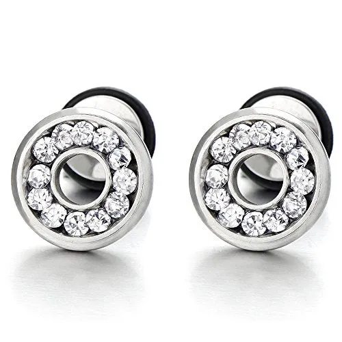 10MM Mens Womens Stud Earrings Steel Cheater Fake Ear Plugs Gauges Screw Back with Cubic Zirconia, 2pcs