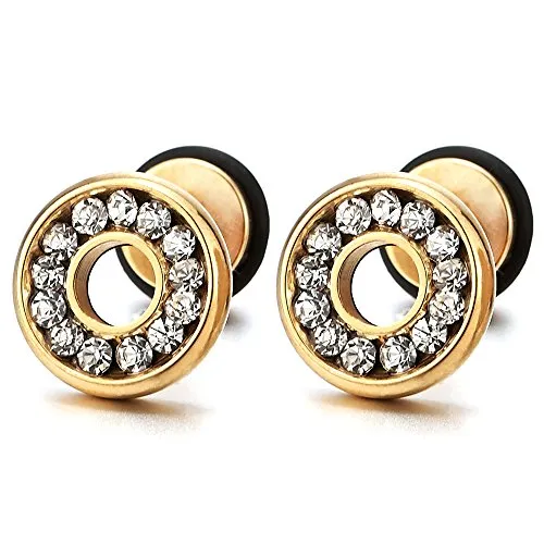 10MM Mens Womens Stud Earrings Steel Cheater Fake Ear Plugs Gauges Screw Back with Cubic Zirconia, 2pcs
