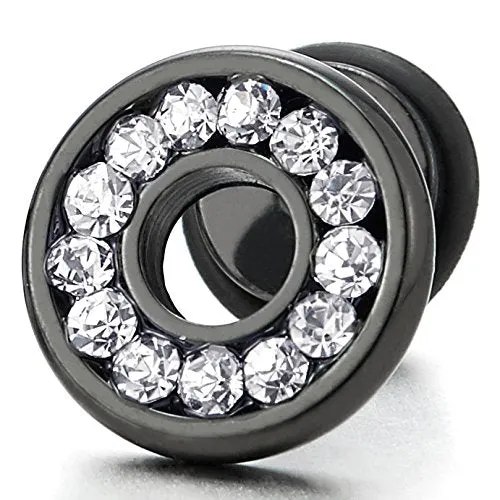 10MM Mens Womens Stud Earrings Steel Cheater Fake Ear Plugs Gauges Screw Back with Cubic Zirconia, 2pcs