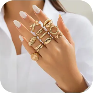 10Pcs Gold Chunky Rings Set for Women,14K Gold Plated Adjustable Open End Ring Dainty Thick Dome Chunky Rings Statement Jewelry