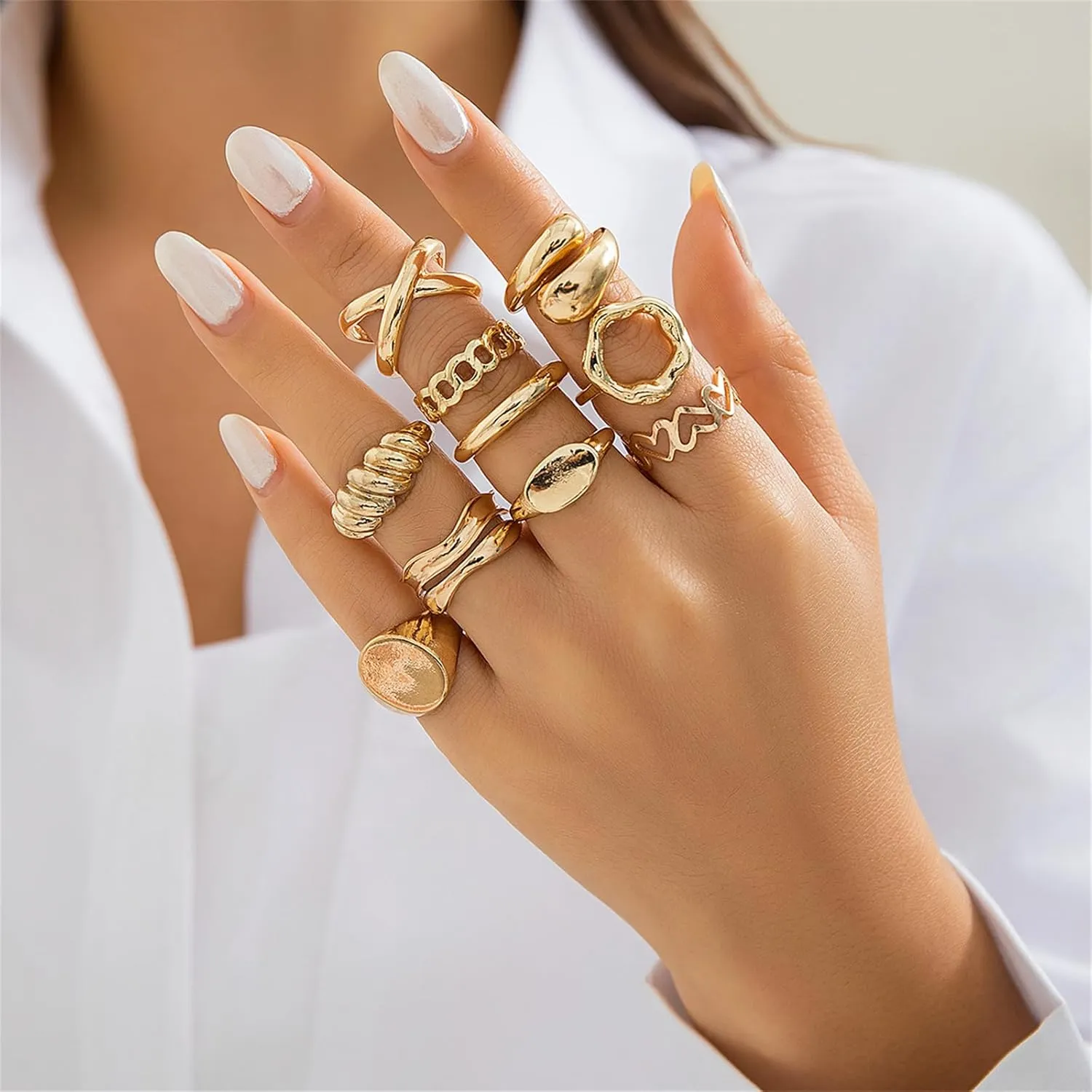 10Pcs Gold Chunky Rings Set for Women,14K Gold Plated Adjustable Open End Ring Dainty Thick Dome Chunky Rings Statement Jewelry