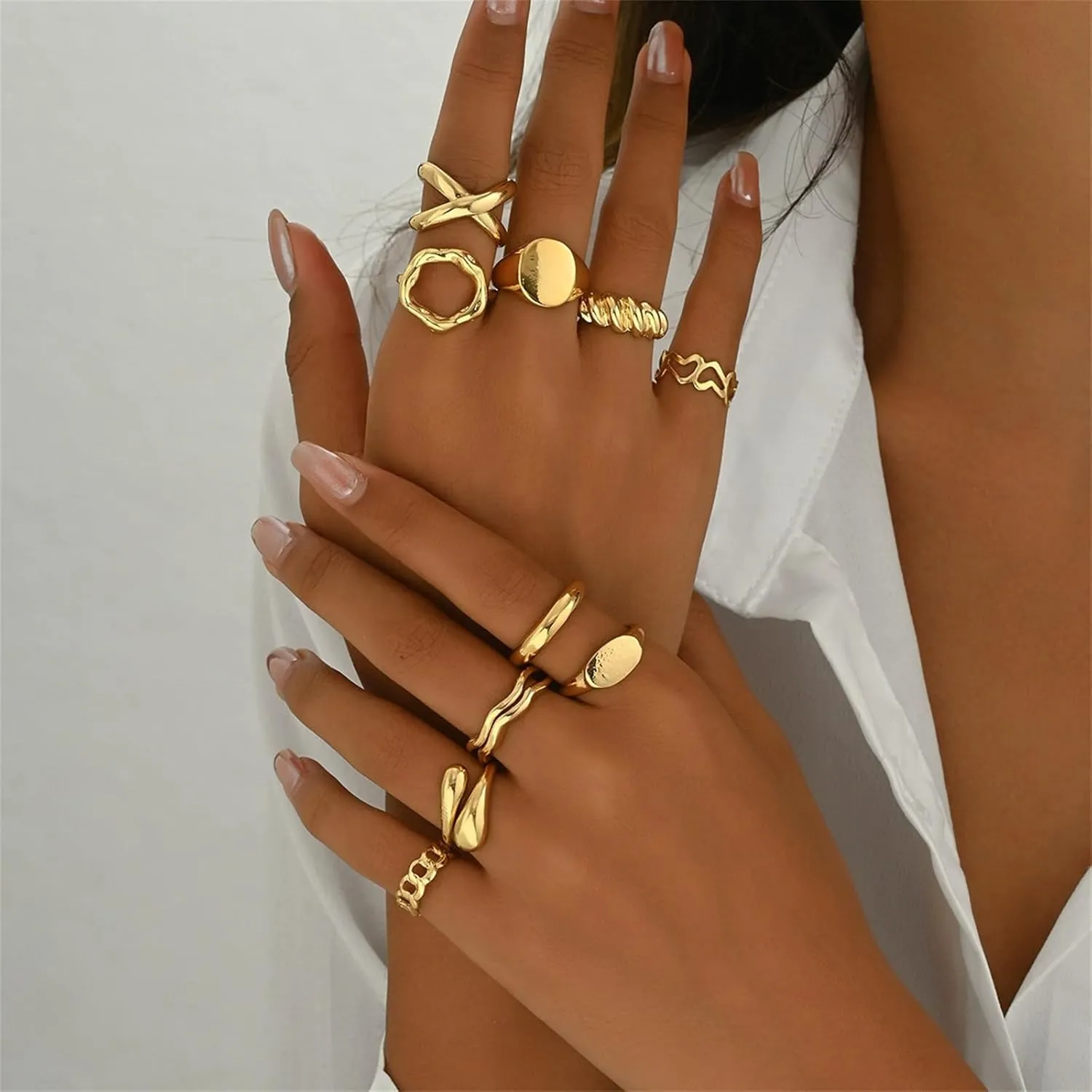 10Pcs Gold Chunky Rings Set for Women,14K Gold Plated Adjustable Open End Ring Dainty Thick Dome Chunky Rings Statement Jewelry