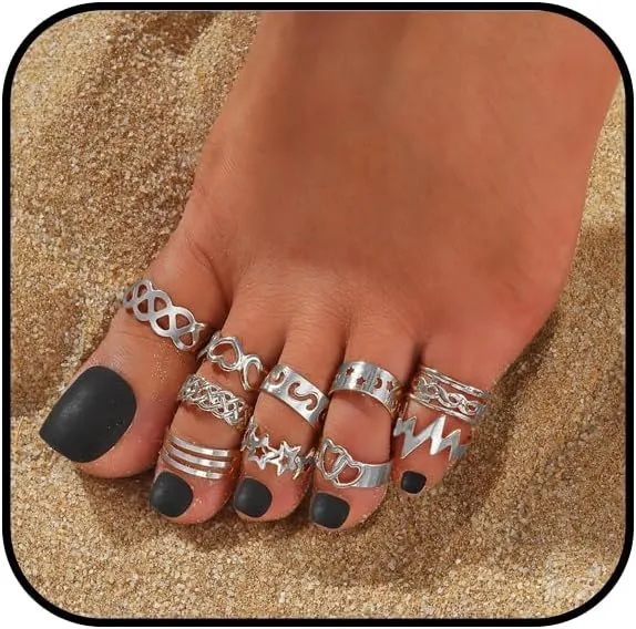 10PCS Gold Toe Rings for Women Adjustable Band Toe Rings Non Tarnish Moon Star Toe Rings Heart InfinityToe Ring Summer Beach Toe Jewelry