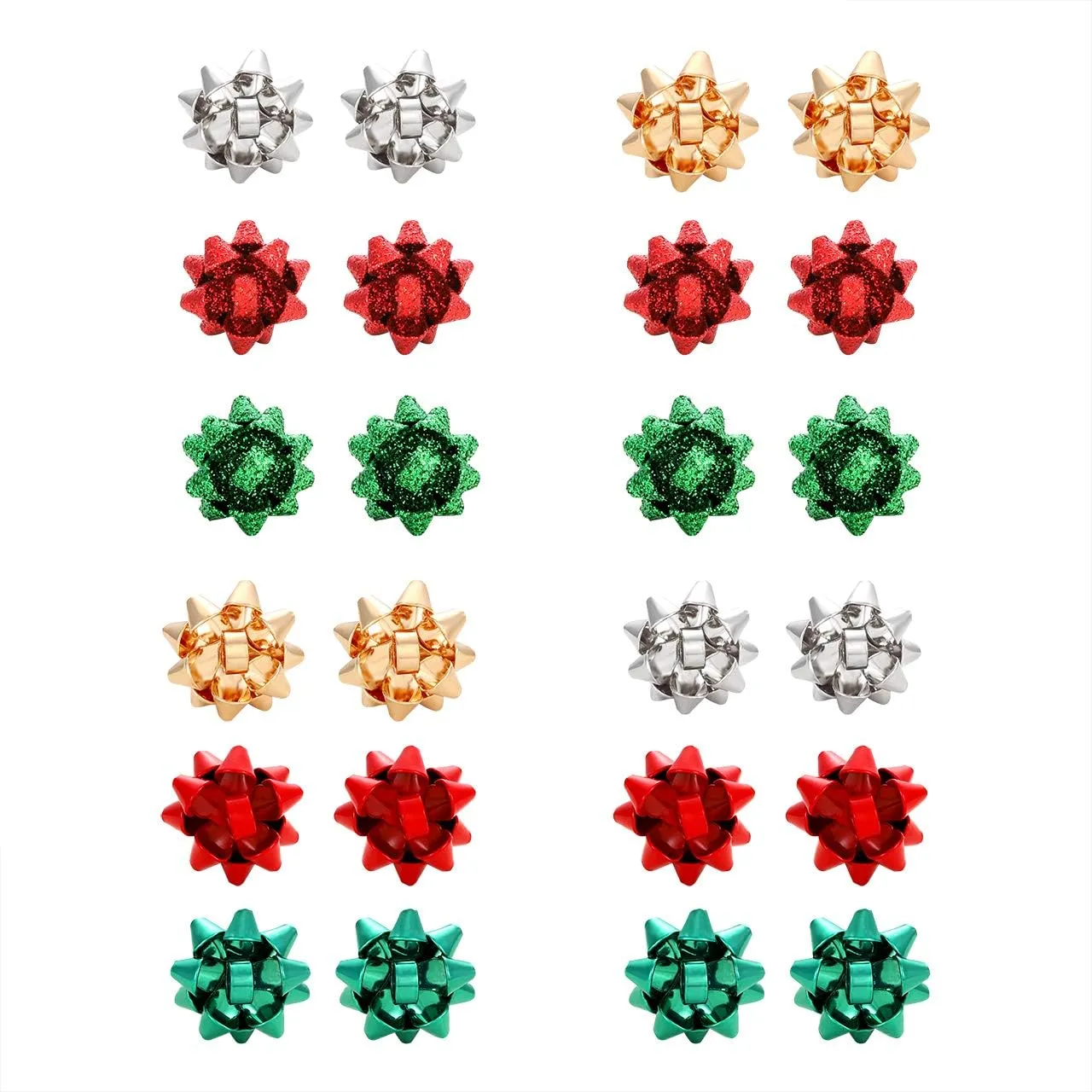 12 Pairs Christmas Bow Earrings Gold Silver Red Green Polished Glitter Gift Bow Santa Earrings for Women Gift