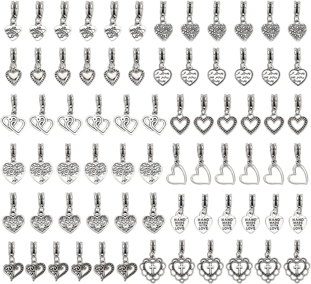 12 Styles 72Pcs Heart Dangle Charms Antique Silver Love Heart Pendant Metal Filigree Love Charms European Charms for Valentine's Day DIY Bracelets Earring Necklace Jewelry Making