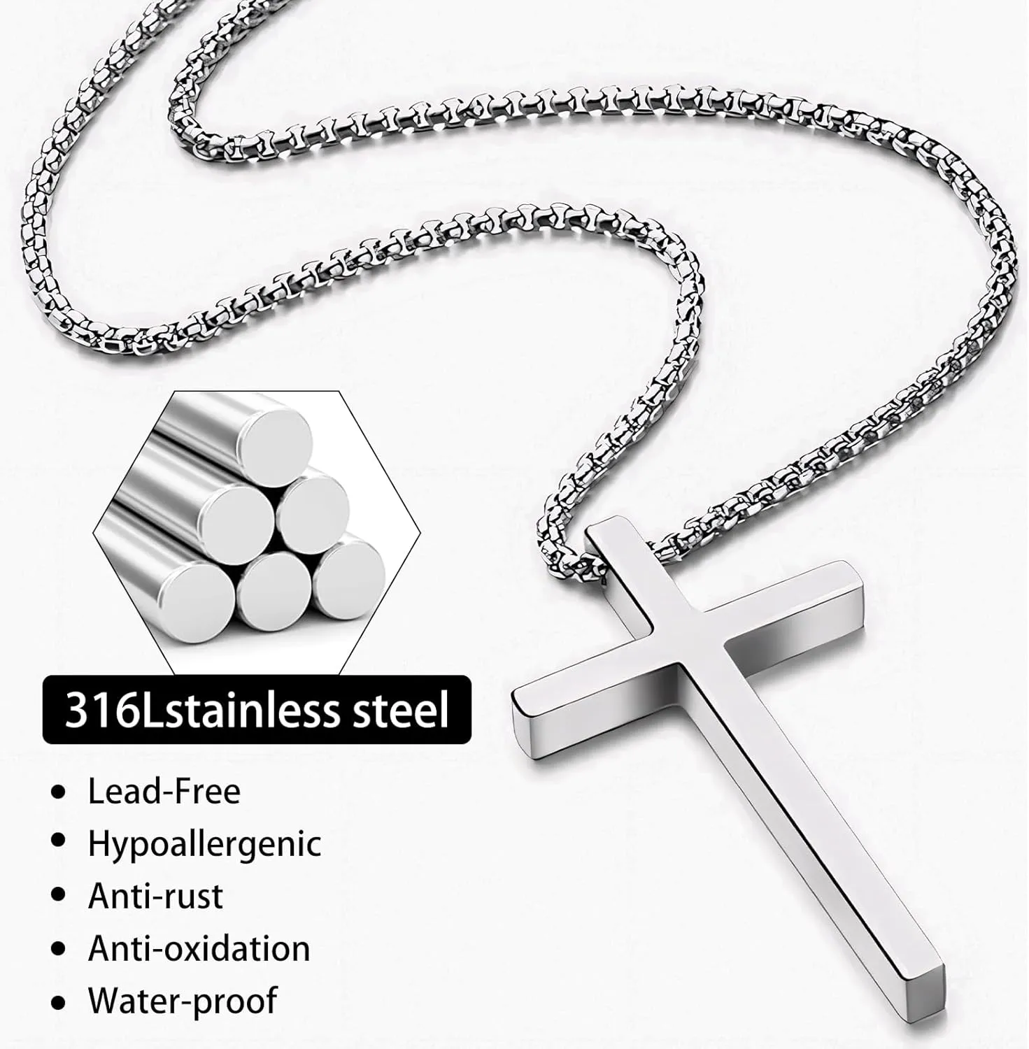 12/24PCS Cross Necklace for Men Silver Chain Jewelry Set Stainless Steel Cross Pendant Goth Necklace for Boys 16-24 inches Chain