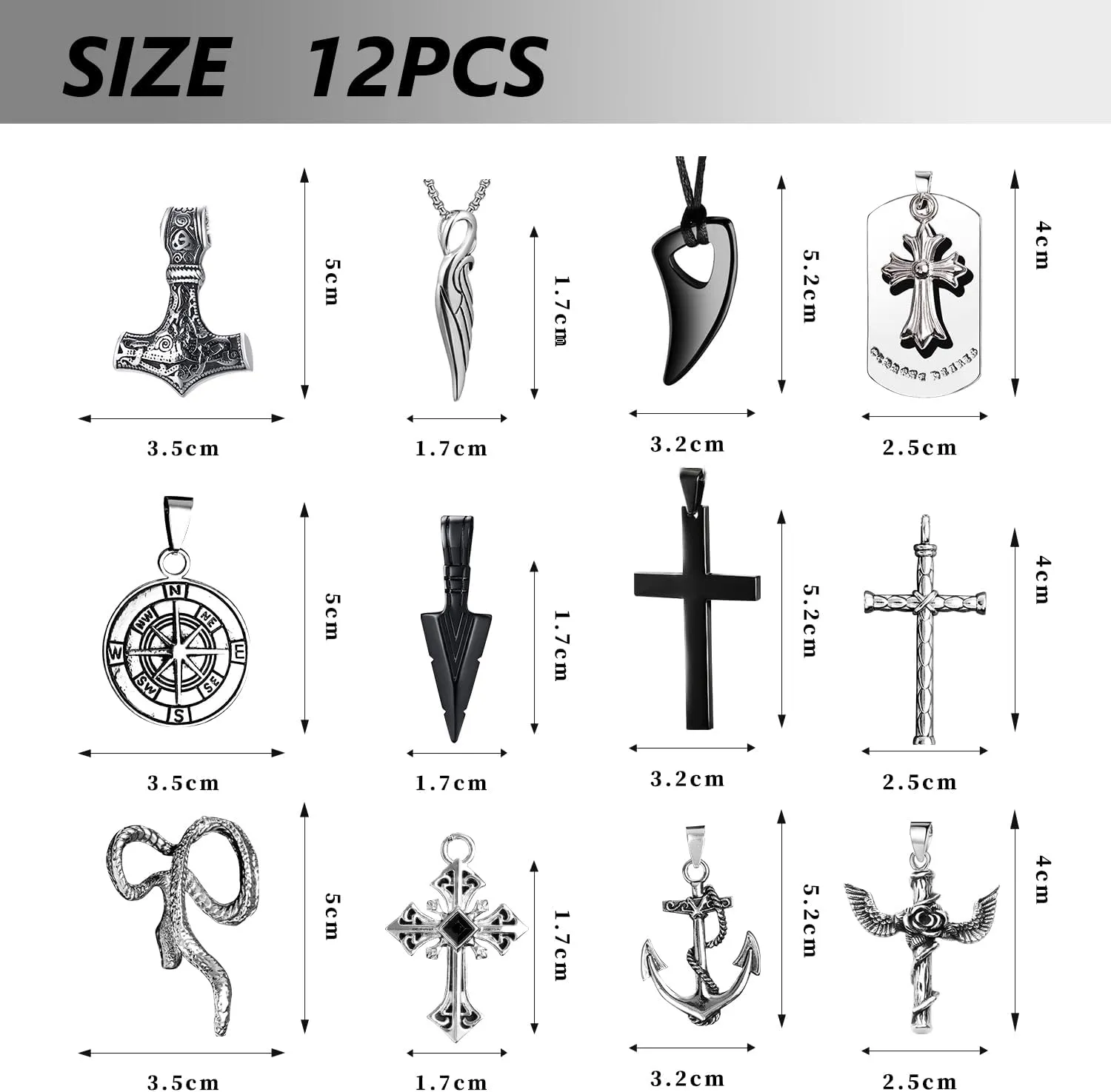 12/24PCS Cross Necklace for Men Silver Chain Jewelry Set Stainless Steel Cross Pendant Goth Necklace for Boys 16-24 inches Chain