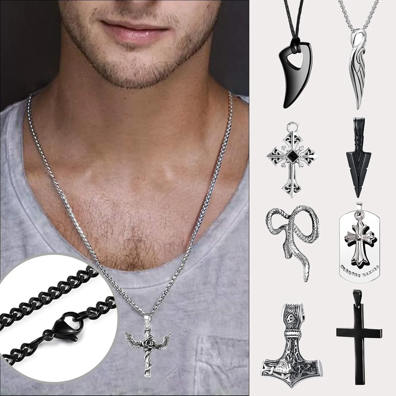 12/24PCS Cross Necklace for Men Silver Chain Jewelry Set Stainless Steel Cross Pendant Goth Necklace for Boys 16-24 inches Chain