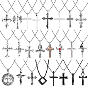 12/24PCS Cross Necklace for Men Silver Chain Jewelry Set Stainless Steel Cross Pendant Goth Necklace for Boys 16-24 inches Chain