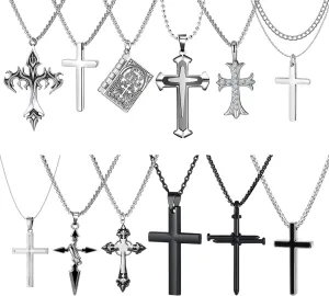 12/24PCS Cross Necklace for Men Silver Chain Jewelry Set Stainless Steel Cross Pendant Goth Necklace for Boys 16-24 inches Chain