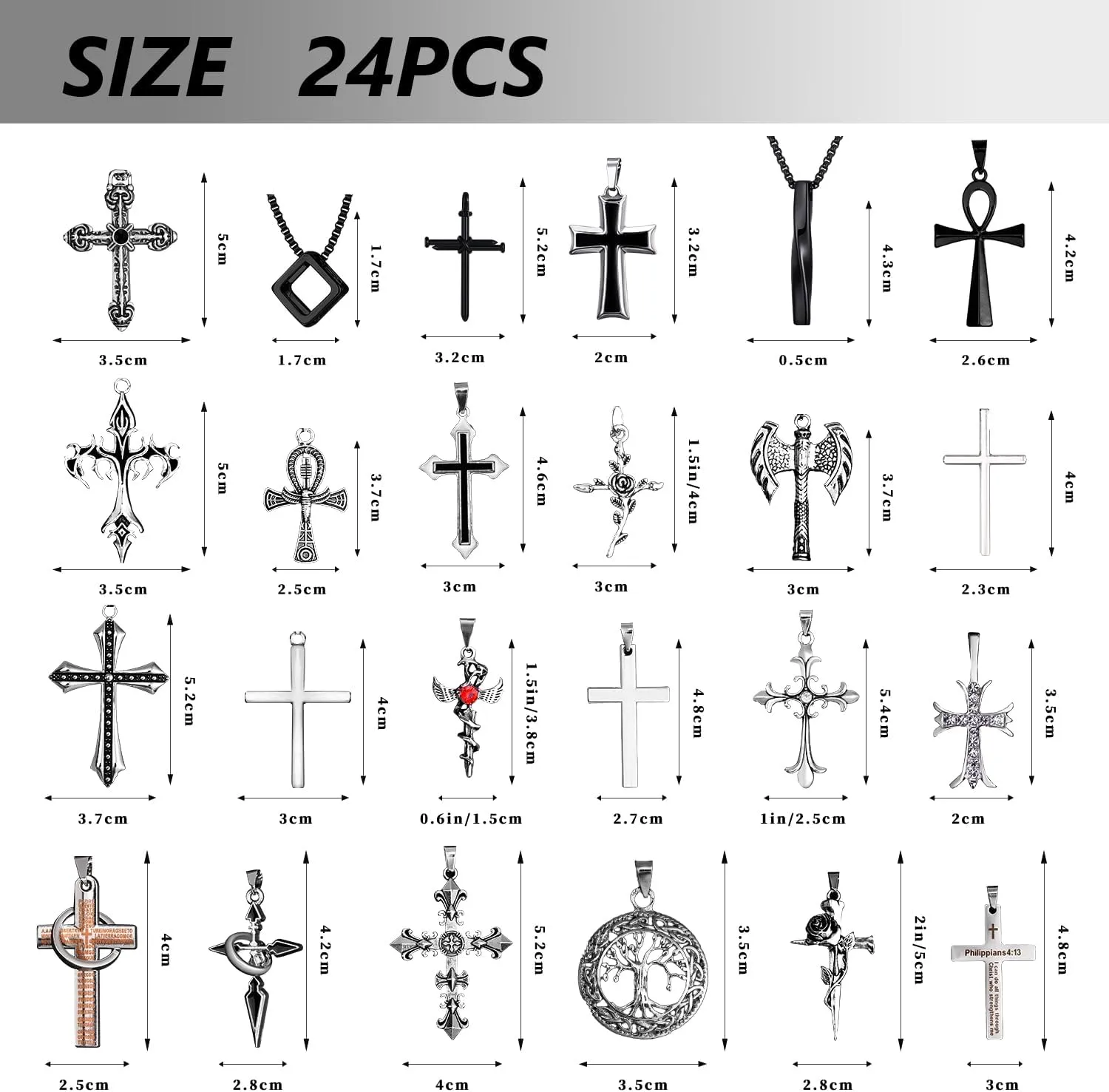 12/24PCS Cross Necklace for Men Silver Chain Jewelry Set Stainless Steel Cross Pendant Goth Necklace for Boys 16-24 inches Chain