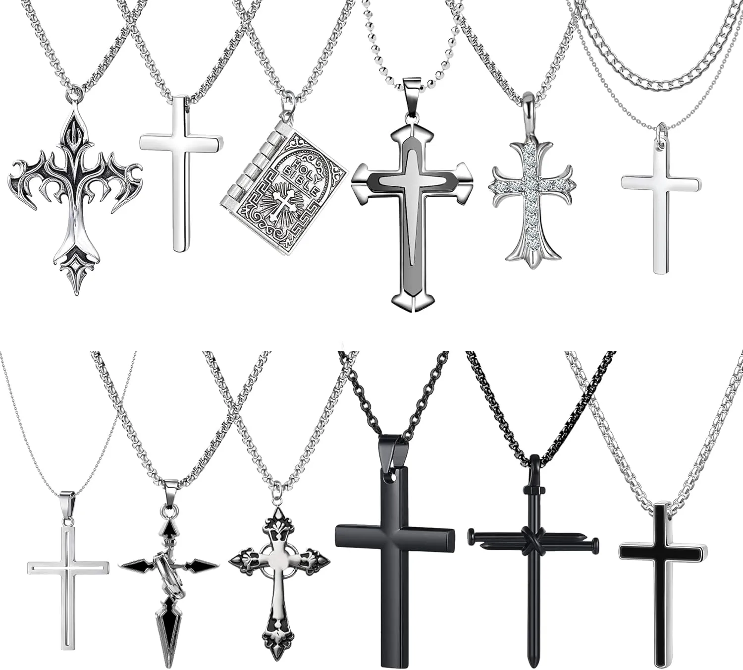 12/24PCS Cross Necklace for Men Silver Chain Jewelry Set Stainless Steel Cross Pendant Goth Necklace for Boys 16-24 inches Chain