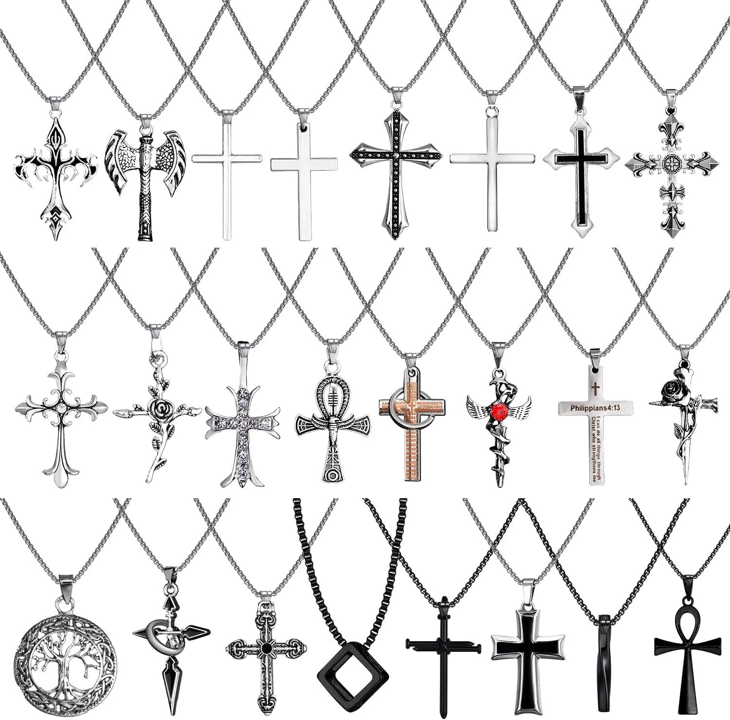 12/24PCS Cross Necklace for Men Silver Chain Jewelry Set Stainless Steel Cross Pendant Goth Necklace for Boys 16-24 inches Chain