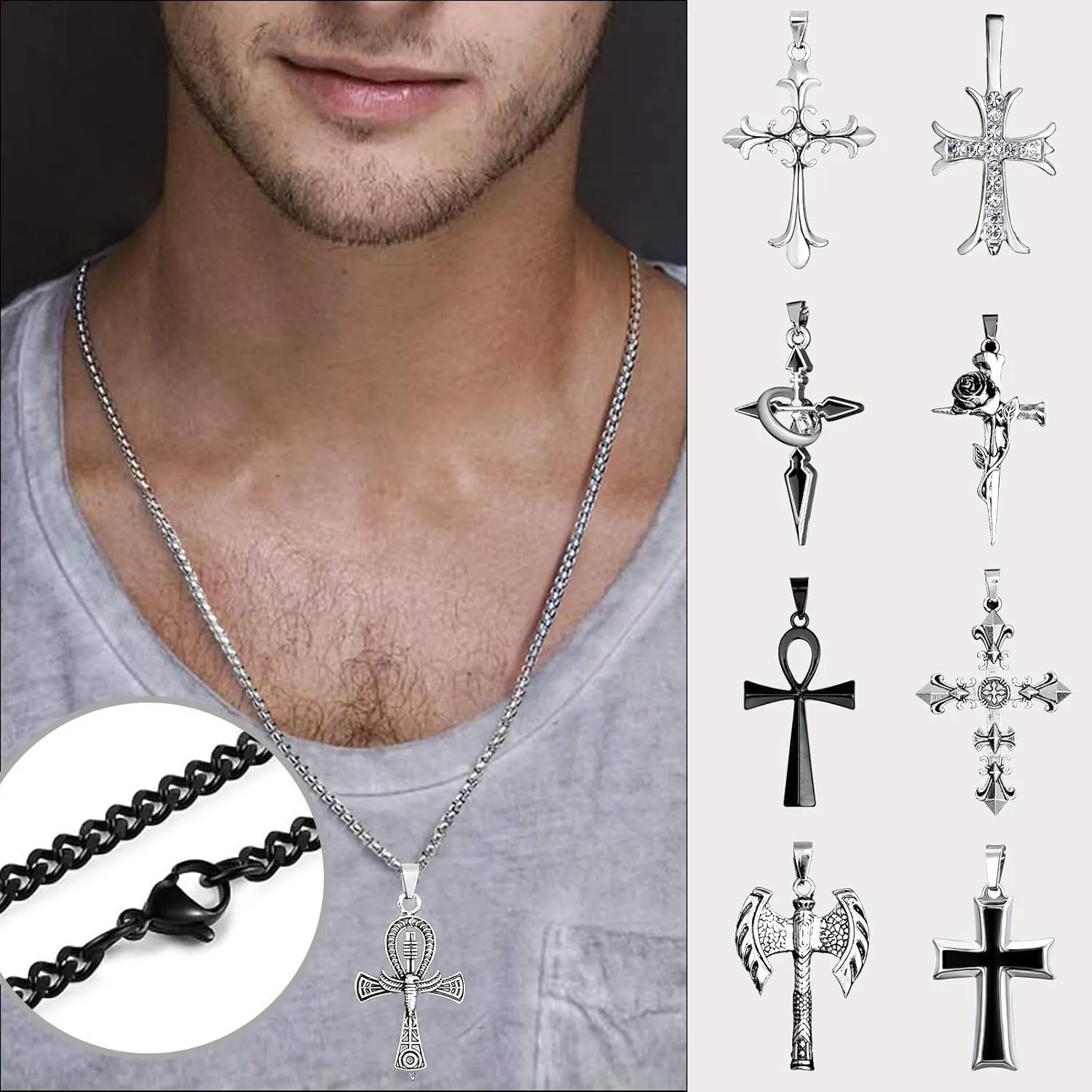 12/24PCS Cross Necklace for Men Silver Chain Jewelry Set Stainless Steel Cross Pendant Goth Necklace for Boys 16-24 inches Chain