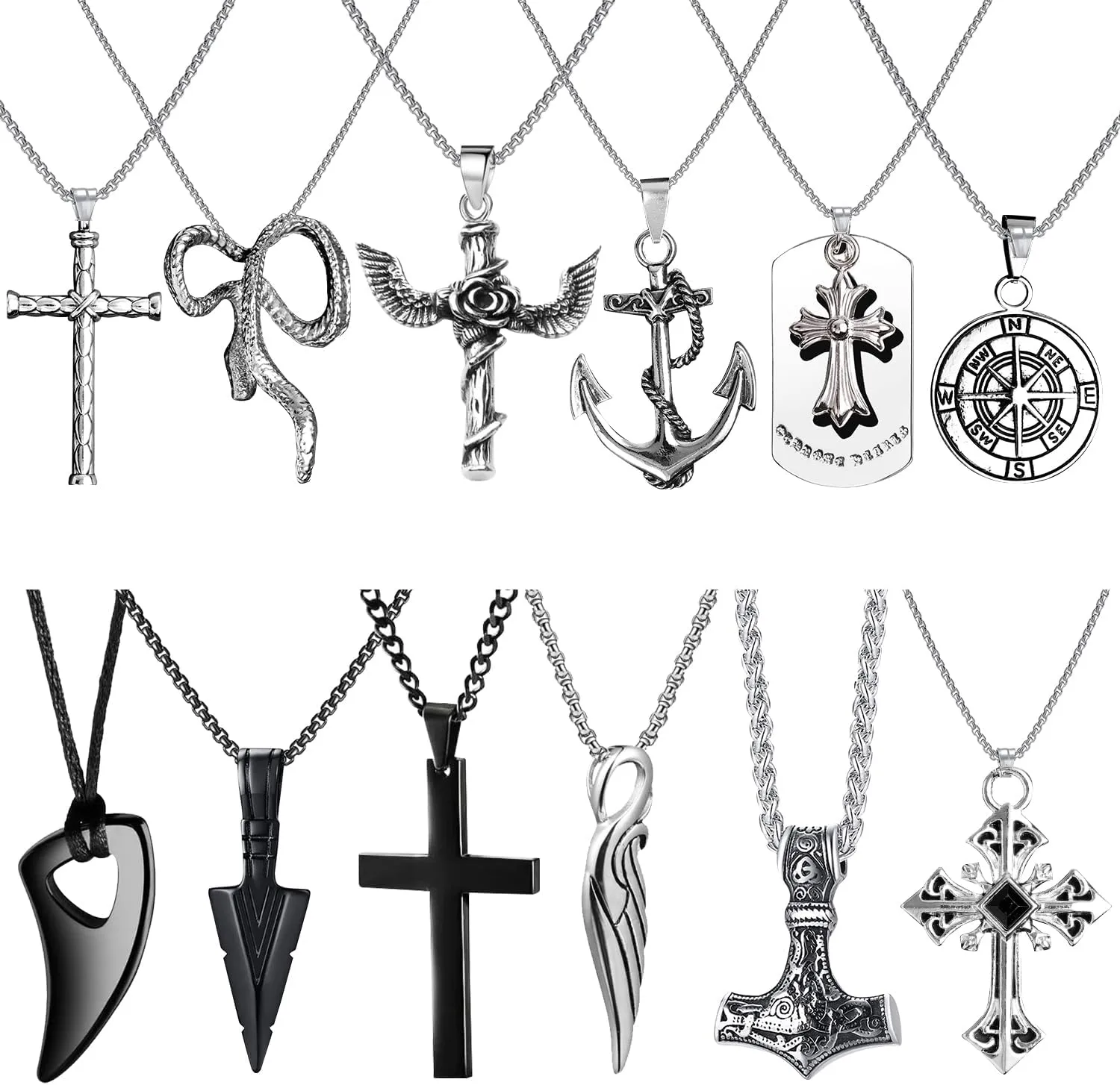 12/24PCS Cross Necklace for Men Silver Chain Jewelry Set Stainless Steel Cross Pendant Goth Necklace for Boys 16-24 inches Chain