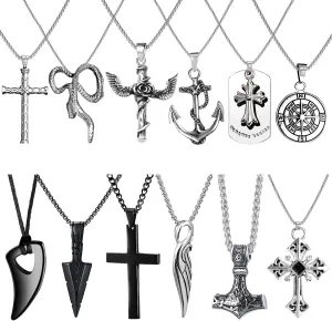 12/24PCS Cross Necklace for Men Silver Chain Jewelry Set Stainless Steel Cross Pendant Goth Necklace for Boys 16-24 inches Chain
