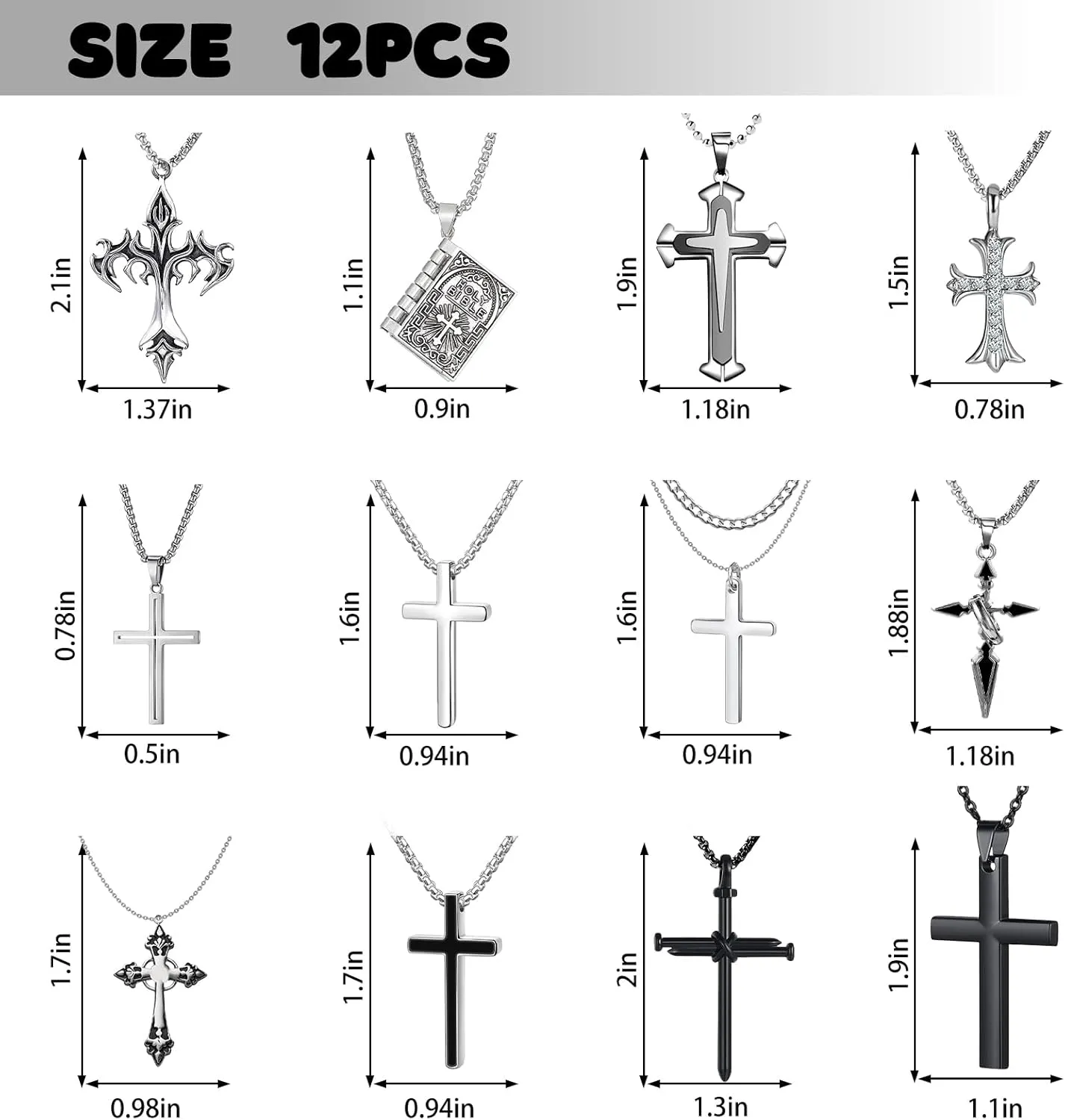 12/24PCS Cross Necklace for Men Silver Chain Jewelry Set Stainless Steel Cross Pendant Goth Necklace for Boys 16-24 inches Chain