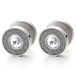 12MM Men Women Stud Earrings with CZ and Sand Glitter Steel Cheater Fake Ear Plug Gauges Screw Back