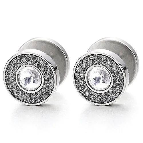 12MM Men Women Stud Earrings with CZ and Sand Glitter Steel Cheater Fake Ear Plug Gauges Screw Back