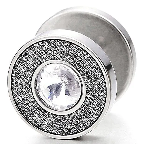 12MM Men Women Stud Earrings with CZ and Sand Glitter Steel Cheater Fake Ear Plug Gauges Screw Back