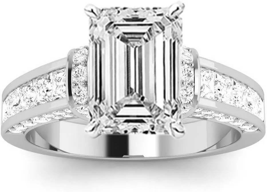1.36 Carat 14K White Gold Contemporary Channel Set Princess and Pave Round Cut Emerald Cut Diamond Engagement Ring (F Color SI2 Clarity Center Stones)