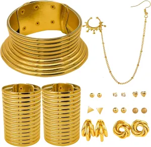 13Pcs African National Jewelry for Women - Egypt Gold Collars, Vintage Set, Flamboyant Egypt Choker, Bracelet, Nose Rings, Hoop Chain Earrings