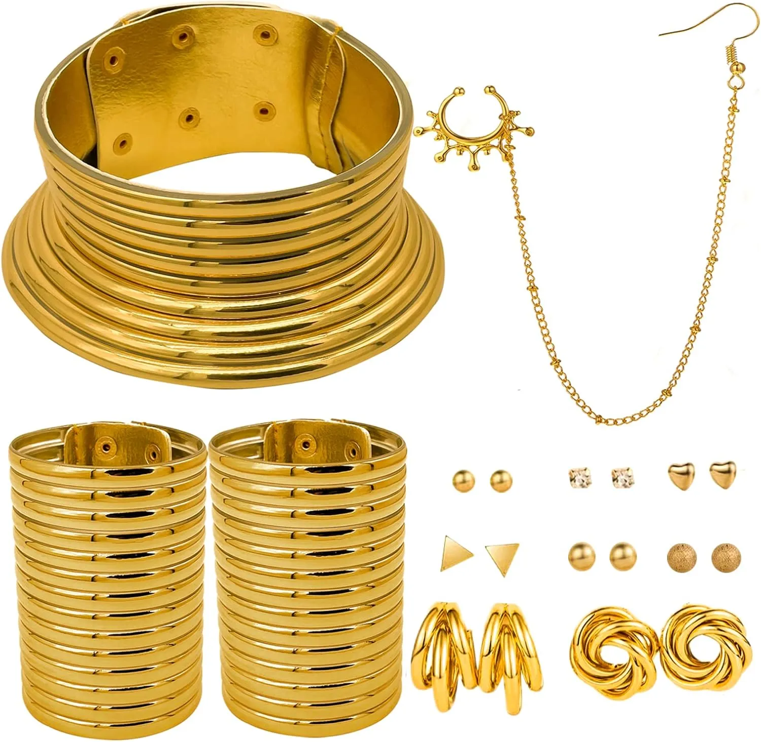 13Pcs African National Jewelry for Women - Egypt Gold Collars, Vintage Set, Flamboyant Egypt Choker, Bracelet, Nose Rings, Hoop Chain Earrings
