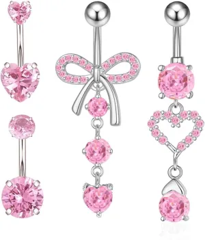 14G Belly Button Ring for Women Hypoallergenic 316L Surgical Stainless Steel Belly Rings Dangle Pink/White CZ Belly Button Piercing Jewelry Navel Ring