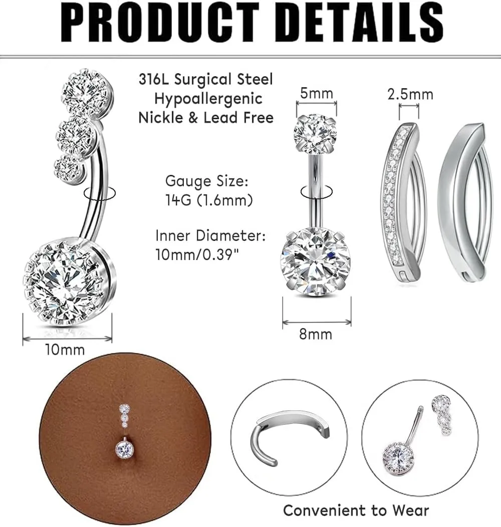 14G Belly Button Ring for Women Hypoallergenic 316L Surgical Stainless Steel Clicker Belly Ring CZ Belly Button Piercing Jewelry Navel Ring