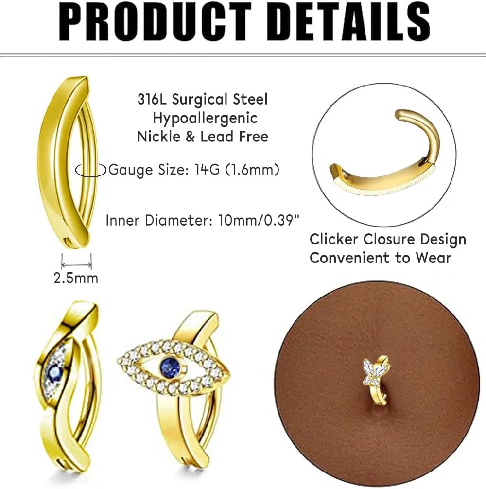 14G Belly Button Ring for Women Hypoallergenic 316L Surgical Stainless Steel Clicker Belly Ring CZ Belly Button Piercing Jewelry Navel Ring