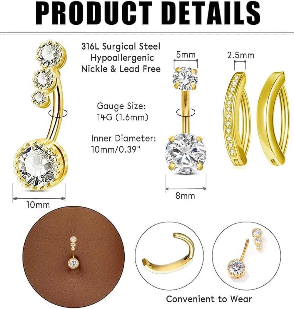 14G Belly Button Ring for Women Hypoallergenic 316L Surgical Stainless Steel Clicker Belly Ring CZ Belly Button Piercing Jewelry Navel Ring