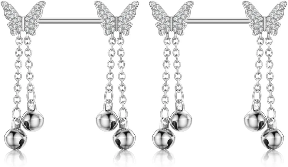 14G Butterfly Jingle Bell Nipple Rings for Women Girls Surgical Steel Cubic Zircon Dangle Chain Barbell Nipple Rings Nipple Shield Body Piercing Jewelry, Silver