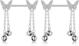 14G Butterfly Jingle Bell Nipple Rings for Women Girls Surgical Steel Cubic Zircon Dangle Chain Barbell Nipple Rings Nipple Shield Body Piercing Jewelry, Silver