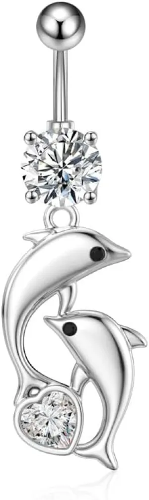 14G Dolphin Belly Button Ring for Women Stainless Steel Fashionable Cubic Zircon Curved Barbell Dangle Belly Navel Studs Body Piercing Jewelry