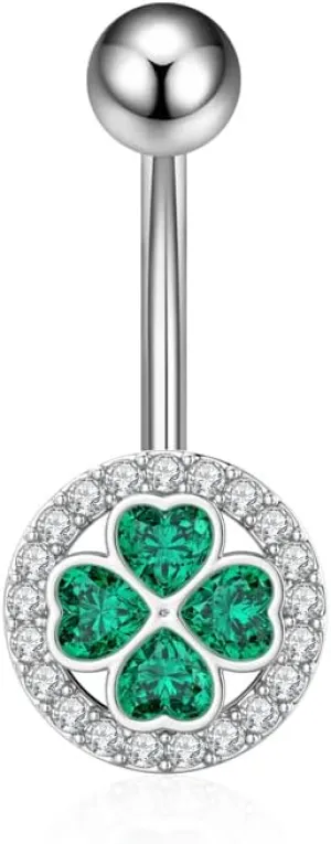 14G Four Leaf Clover Belly Button Rings for Women Stainless Steel Green CZ Halo Belly Navel Piercing Barbell Studs ST Patricks Day Irish Body Piercing Jewelry