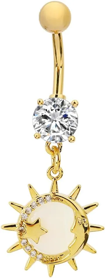 14G Moonstone Sun Star Dangle Belly Button Ring for Women Men Stainless Steel Crystal Bohemia Sunburst Charm Navel Rings Curved Barbell Cubic Zirconia Boho Sunshine Summer Beach Body Piercing Jewelry