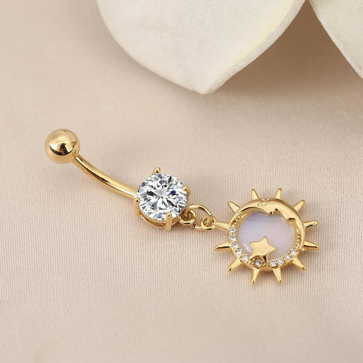 14G Moonstone Sun Star Dangle Belly Button Ring for Women Men Stainless Steel Crystal Bohemia Sunburst Charm Navel Rings Curved Barbell Cubic Zirconia Boho Sunshine Summer Beach Body Piercing Jewelry